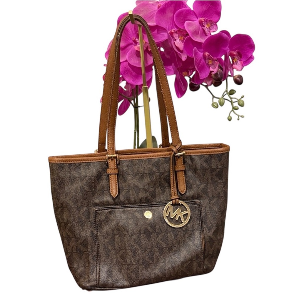 Michael Kors Dark Brown Tote Tan Accents Mk Gold Purse Bag Designer Handbag